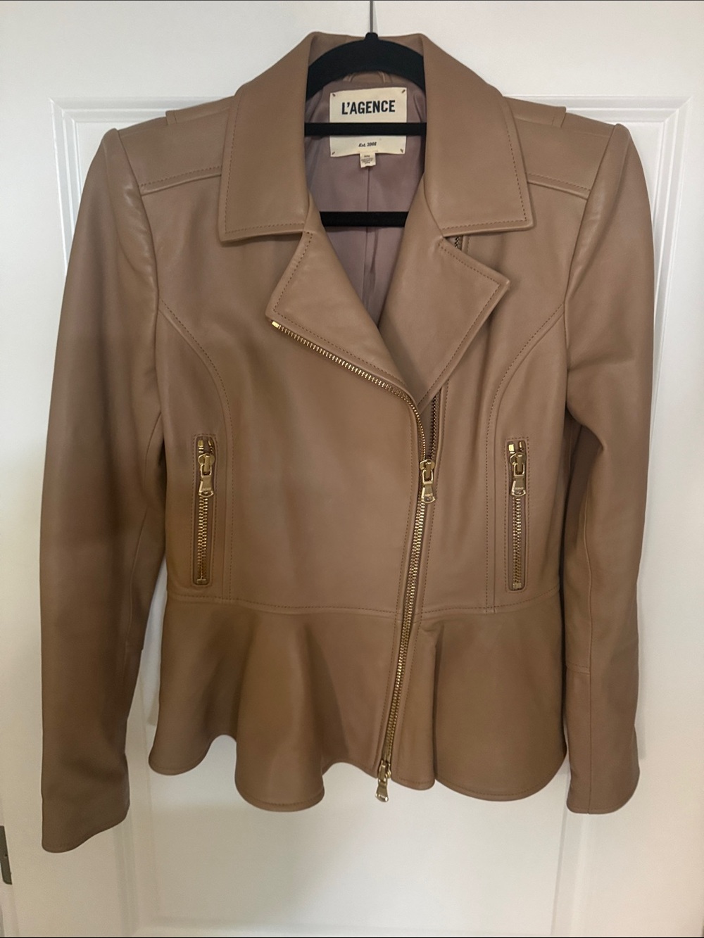 L'AGENCE Tan Leather Peplum Moto Jacket with Gold Hardware